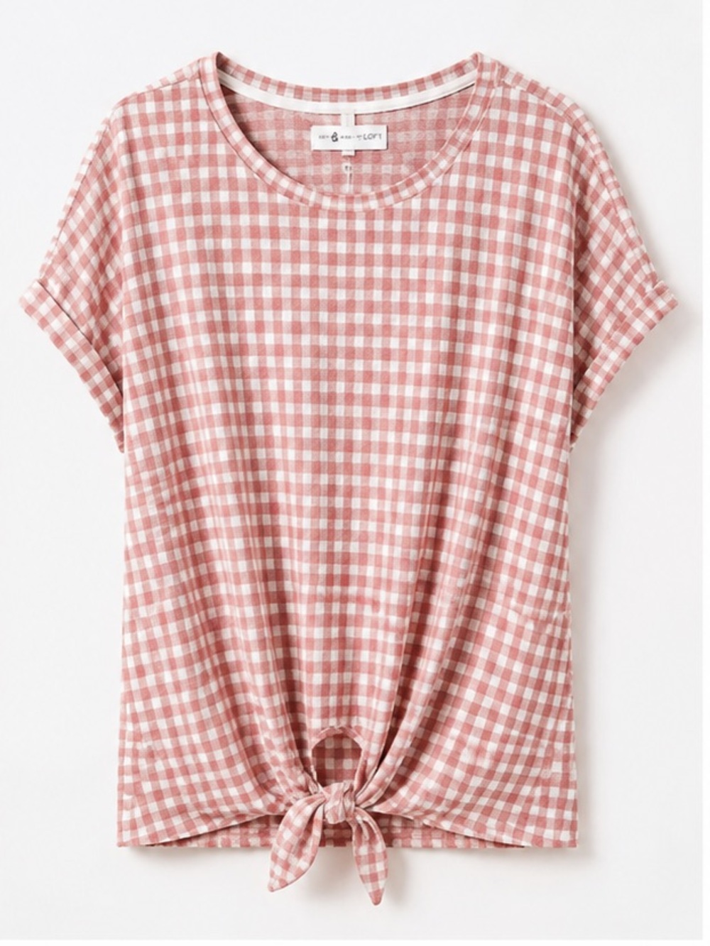 LOFT Rose Smoke Gingham Tie-Front Tee